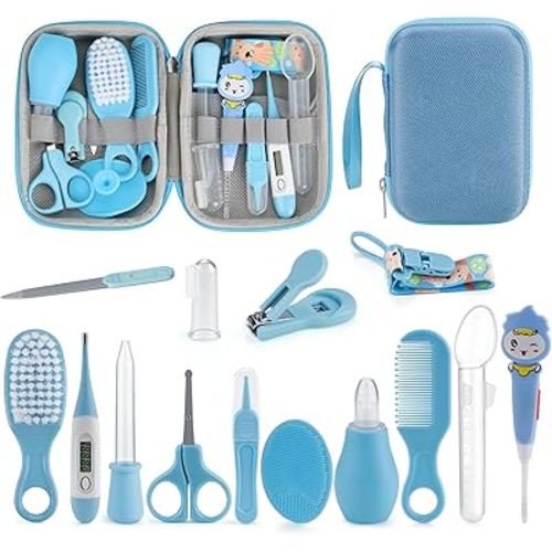 OTTOLIVES Baby Healthcare and Grooming Kit, 15 in 1 Baby Shower Gifts with Nail File, Hair Brush Comb, Toothbrush, Nasal Aspirator, Baby Essentials Kit for Newborn Infant Girls Boys (Blue)