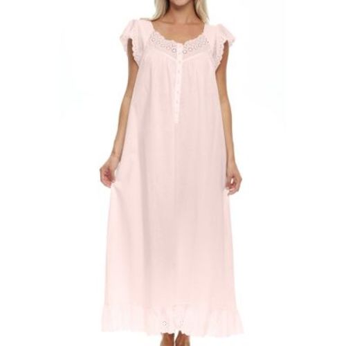 ADR Long White Cotton Nightgowns for Women, Summer Nightgowns for Women Soft Cotton Pink Peach - Katelyn Medium