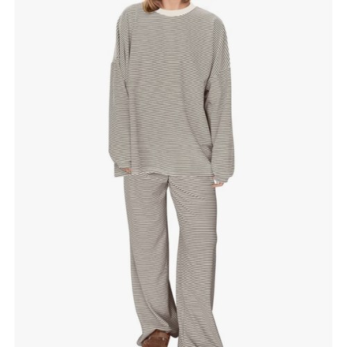 Women Striped 2 Piece Lounge Set Long Sleeve Oversized T Shirts Wide Leg Pants Matching Sets Casual Comfy Pajama Set