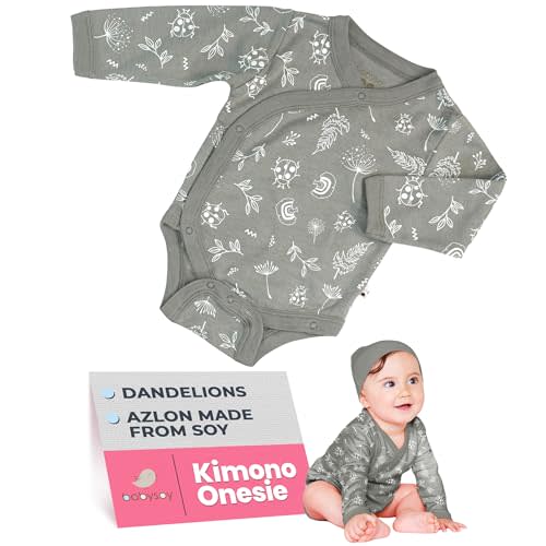 Babysoy Organic Baby Newborn Long Sleeve Pattern Kimono Wrap Around Side Snap Bodysuit/Onesie for Unisex Infants