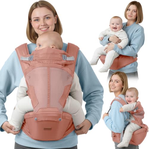 BabbleRoo 6-in-1 Baby Carrier with Hip Seat, Ergonomic Newborn to Toddler Carrier 7–50 lbs, Front Back Hip Carry, Lumbar Support, Sun Hood, Safety-Certified, Kangaroo Rose