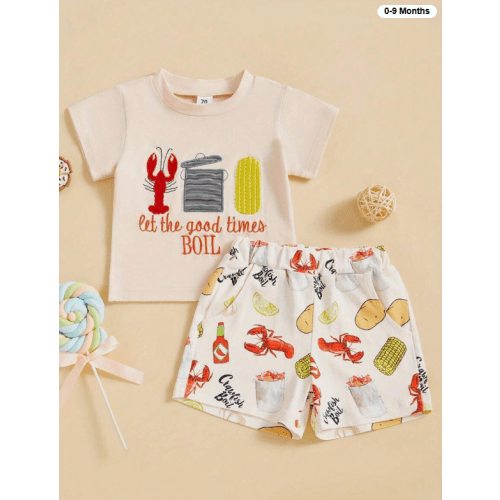0-5T Kids Summer Outfit, Short Sleeve Crew Neck Embroidery T-Shirt With Lobster Print Shorts Clothing Set | SHEIN USA