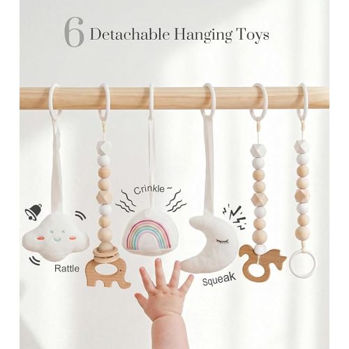 Mallify Wooden Baby Gym with 6 Gym Toys, Foldable Baby Play Gym, Natural Pine Wood Play Gym, Frame Activity Center Hanging Bar, Wooden Play Gym