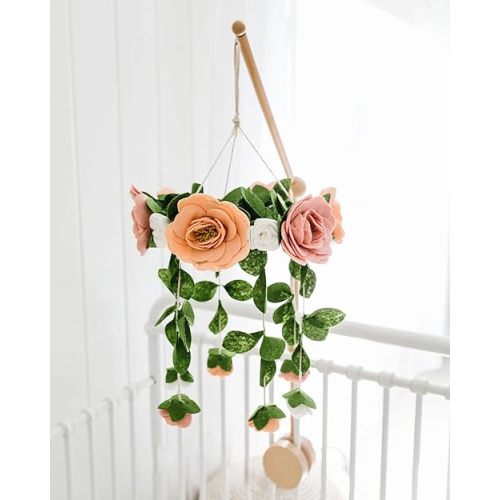 Rose Mobile & Arm Nursery Set - Includes Felt Rose Flower Crib Mobile + Wooden Baby Crib Mobile Arm - for Girls