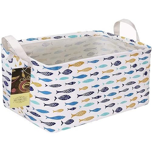 Rectangle Canvas Storage Basket Foldable Waterproof Toy Organizer Bin with Handles Fabric Collapsible Storage Bins for Shelves Kids Room Playroom Nursery Clothes and Pet Supplies(rectangle-fish)