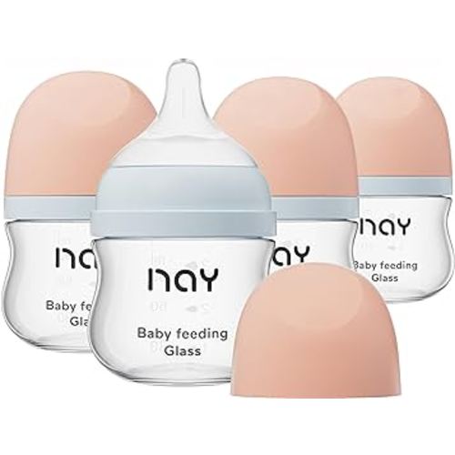 Natural Glass Baby Bottle Wide Neck, Newborn Anti-Colic Baby Bottle, Clear, 3oz(Pack of 4), Includes 4Pcs Slow Flow Nipple(SS), 0 Months+