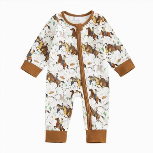 larppty Baby Boy Girl Western Clothes Cow Print Long Sleeve Romper Jumpsuit One Piece Newborn Fall Winter Outfit (Khaki)
