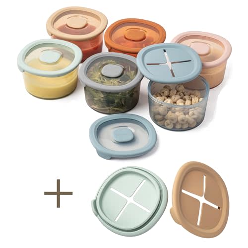 Moonkie Silicone toddler snack containers | 8 oz Baby Food Containers with 6 Airtight Lids and 3 Snack Lid