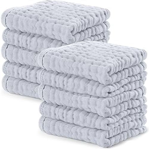 Comfy Cubs Muslin Baby Washcloths 10 Pack - Soft 6-Layer Cotton Wash Cloths for Sensitive Skin - 10"x10" Large, Gentle, Absorbent Infant Essentials for Newborn and Toddlers - Slate