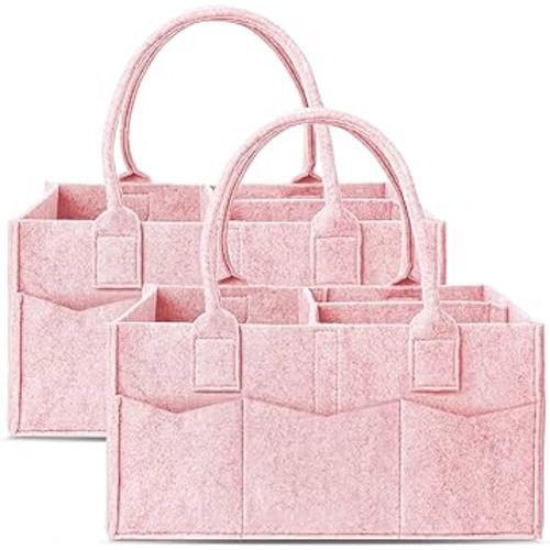 Cute Castle 2 Pack Diaper Caddy Organizer - Portable Baby Caddy Organizer with Handle, Nursery Storage Bin and Car Organizer for Girls, Boys - Baby Gift Basket - Pink, Large