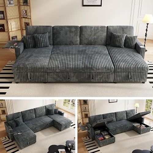 Sleeper Sectional Sofa, 110" Modern U Shaped Couch with Pull Out Bed, Convertible Corduroy Cloud Sofa with Double Storage Chaise, USB, Small Desktop, Comfy Modular Couch for Living Room, Grey