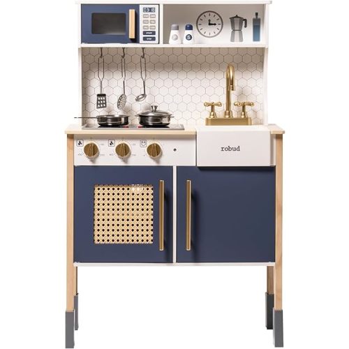 ROBUD Play Kitchen, Wooden Kids Kitchen Playset with Sounds & Lights, Pretend Play Kitchen Set for Toddlers, Gift for Boys & Girls, Vintage Style, 3+ (Gem Blue)