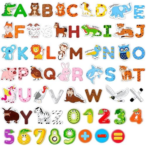 JoyCat Wooden Kids Magnets – 26 Cute Animals, Alphabet Uppercase Letters, and 0-9 Numbers, Fridge Magnets for Toddlers, Fun Educational Spelling Learning Gift for Toddlers & Kids