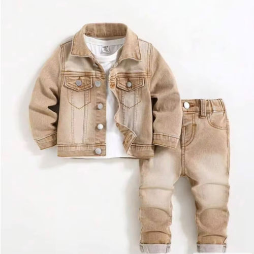 SHEIN Toddler/Baby Boy 2pcs/Set Distressed Casual Khaki Denim Lapel Long Sleeve Jacket & Cuffed High Stretch Skinny Jeans Set,Leisure And Versatile For Baby Streetwear Outfits | SHEIN USA