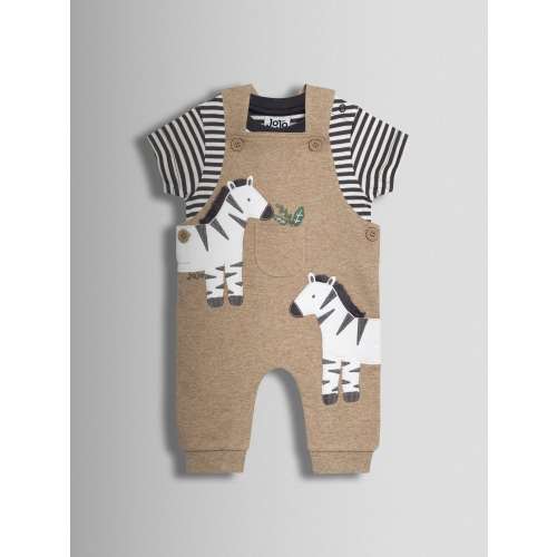 JoJo Maman Bébé Natural Zebra 2-Piece Zebra Appliqué Dungarees & Rib T-Shirt Set