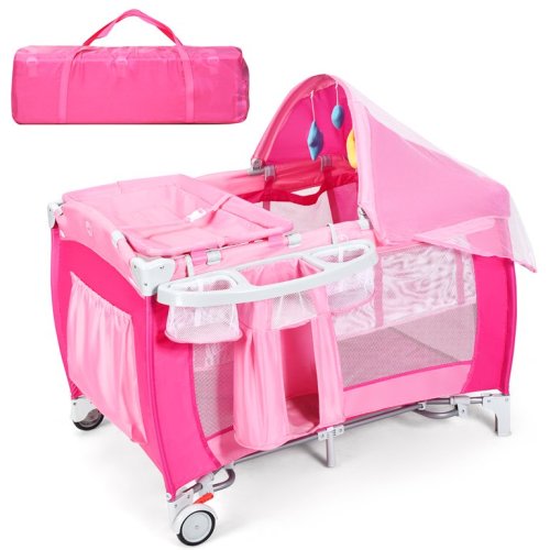Costway Foldable Baby Crib Playpen Travel Infant Bassinet Bed Mosquito Net Music w Bag