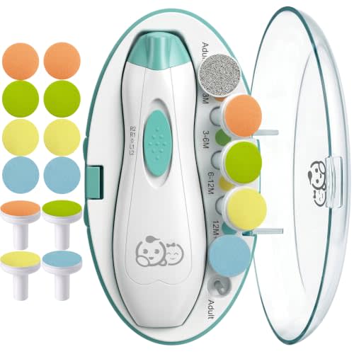 Royal Angels Upgraded 21 in 1 Baby Nail Trimmer with Labeled Case, 12 Extra Replacement Pads, Safe Electric Baby Nail File Kit for Newborn & Toddler, Whisper Quiet Nail Clipper with LED Light (Green)