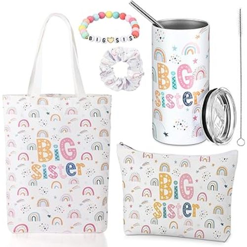 Sieral 5 Pcs Big Sister Gifts for Girls Big Sister Makeup Bag Canvas Tote Bag 14oz Stainless Steel Tumbler with Straw Scrunchies Bracelet for Little Girls New Baby Birthday Baby Shower(Rainbow)