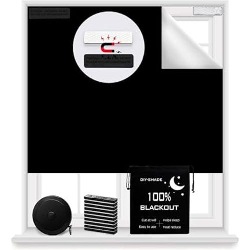 Magnetic Blackout Blind 100% Blackout Curtain DIY Window Blinds Black Out Window Shades for Baby Nursery,Cut to Any Size/Shape (118"x57") (Black)