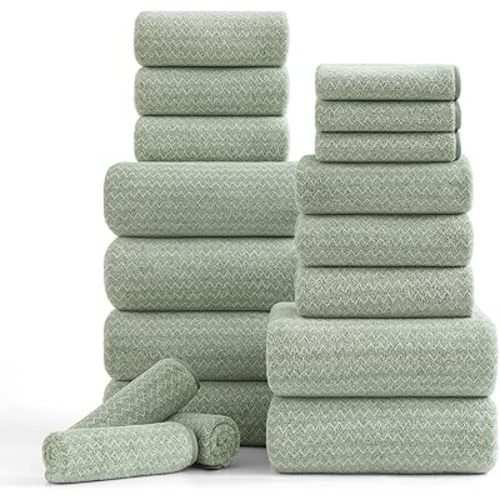 Ycosy 18 Piece Bath Towels Set,100% Microfiber Family Bathroom Towel with Hanging Loops-6 Bath Towels,6 Hand Towels,6 Washcloths,Quick Dry Highly Absorbent Shower Towel for Bathroom,Hotel,Spa-Green