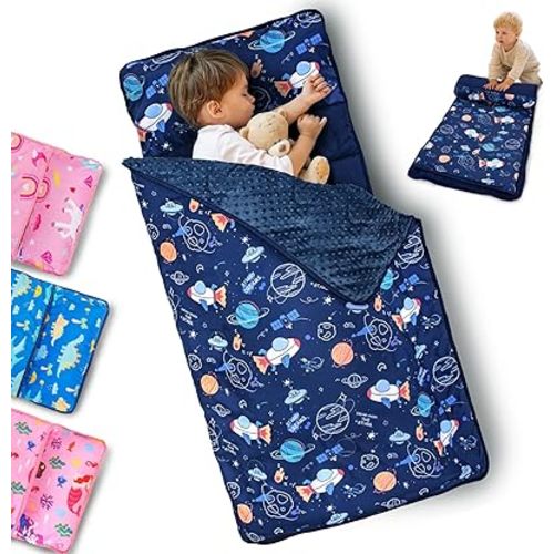 Primlect Toddler Nap Mat with Removable Pillow and Fleece Blanket, Extra Large 55''x35'' Sleeping Bag, Washable, Light, Easy to Roll up, Perfect for Daycare, Preschool, Kindergarten, Travel
