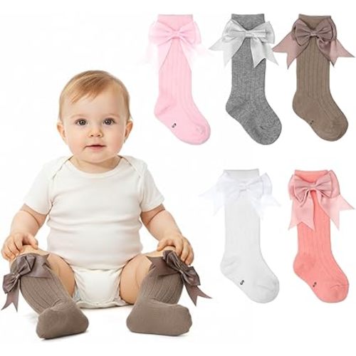 5 Pairs Long Preemie Socks Premature Newborn Bow Sock, Unisex Warm Solid Color Baby Knee High Cotton Socks for Girls Boys Infant Toddler