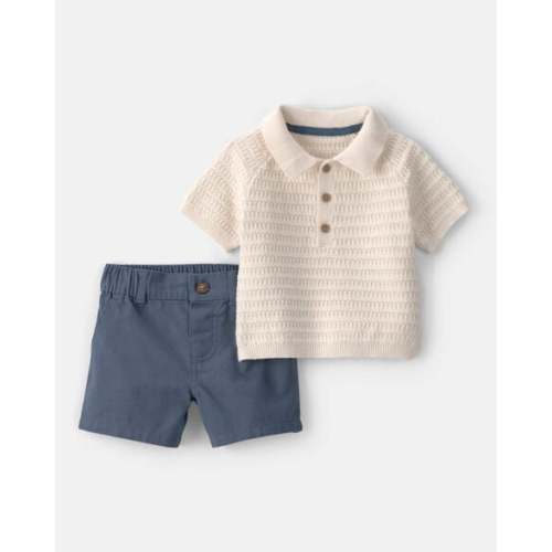 Baby Boy 2-Piece Collared Shirt & Short Set - Cream/Blue | Carter's