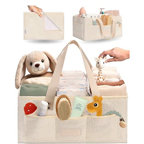 Baby Diaper Caddy Organizer with Portable Changing Mat - Teddy Fleece Diaper Organizer for Changing Table - Basket for Changing Essentials - Baby Essentials Organizer with Removable Dividers