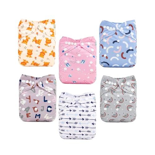 ALVABABY Baby Cloth Diapers 6 Pack with 12 Inserts Cloth Diaper Covers Adjustable Washable Reusable for Baby Girls and Boys