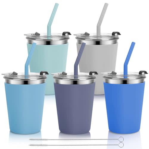 Vermida Kids Cups with Straws and Lids, 5 Pack 12oz Spill Proof Toddlers Straw Cup with Lid, Stainless Steel Kid Cups with Lid for School, Outdoor, Multicolor
