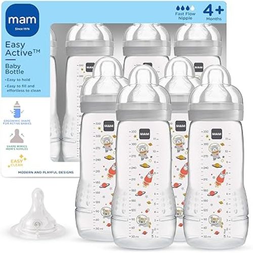 MAM Easy Active Baby Bottle 4 Pack, 11oz, BPA Free, Fast Flow Silicone Nipple, Anti-Slip Grip, Leak-Proof, 4+ Months, Cotton