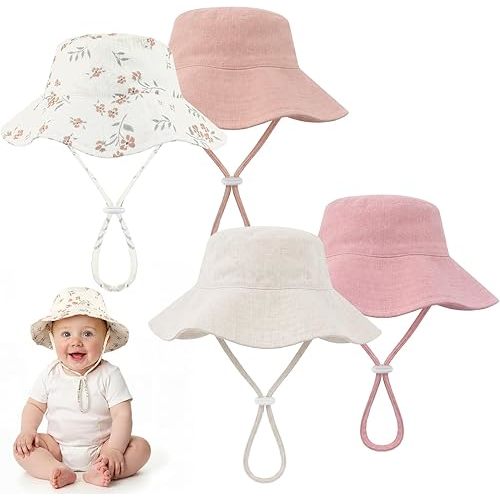 4 Pack Muslin Baby Sun Hat UPF 50+ Sun Protection, Newborn Infant Bucket Hat with Wide Brim Adjustable Chin Strap, Pink Floral Beach Hats for Baby Boys Girls Summer Outdoor Activities