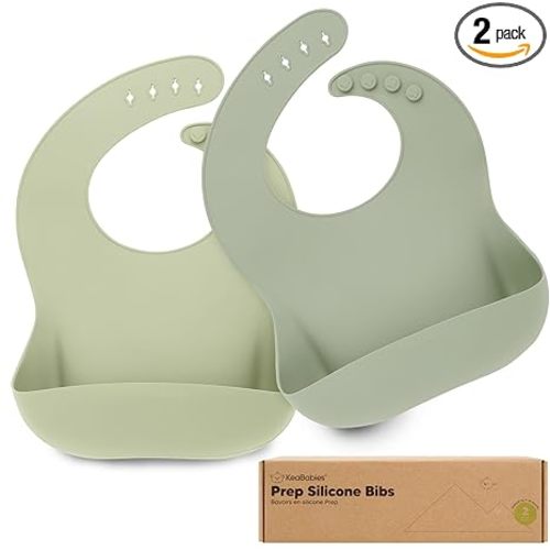 KeaBabies 2-Pack Silicone Baby Bibs for Eating - Sturdy Food-Grade Silicone Bibs for Babies Girl, Boy, Large Food Catcher, Clean & Put On Easily, Waterproof Toddler Feeding Essentials (Sage)