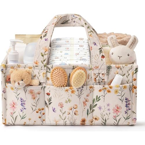 Corduroy Baby Diaper Caddy Organizer with Handles, Nursery Storage Basket