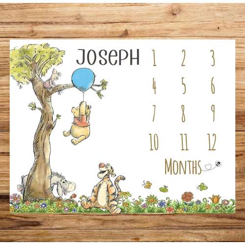 Custom Milestone Blanket Winnie-the Pooh Fleece Blanket, Tig.ger Piglet Eeyore Cartoon Blanket, Newborn Nursery Supplies, Baby Shower Decor