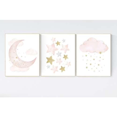 Moon and Stars Nursery Print: Gold & Blush Pink Wall Art