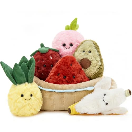 MorisMos 7Pcs Fruit Plush Toys Set, 6 Soft Stuffed Fruit Toys with Basket, Cute Pineapple Banana Strawberry Peach Watermelon Avocado Plushies for Pretend Play, Birthday for Girls Boys