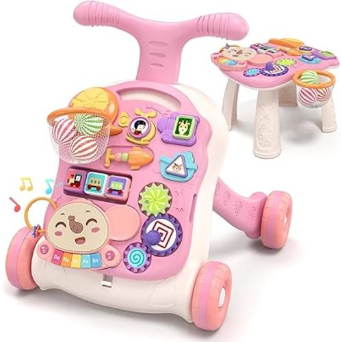 QDRAGON 3 in 1 Baby Walker and Activity Center for Girl, Learning to Walk, Sit to Stand, Early Educational Push Toys with Music Panel for Infant Toddler 12+ Months Pink