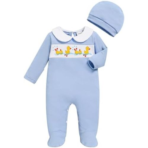 GRNSHTS Newborn Romper Coming Home Outfits Infant Girl Boy Cute Print Long Sleeve Bodysuit with Mitten, Matching Hat Jumpsuit