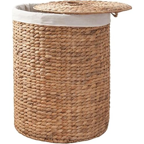 Round Woven Wicker Laundry Hamper with Lid - Large Water Hyacinth Storage Wicker (Natural Brown, 18x18x23 in)