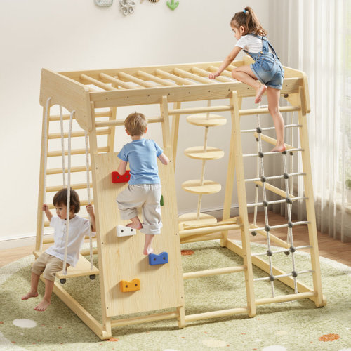 Benarita 8 in 1 Extra Large Wooden Climber, Indoor Playground Jungle Gym, with Durable Rope & Sturdy Netting Connector & Reviews | Wayfair