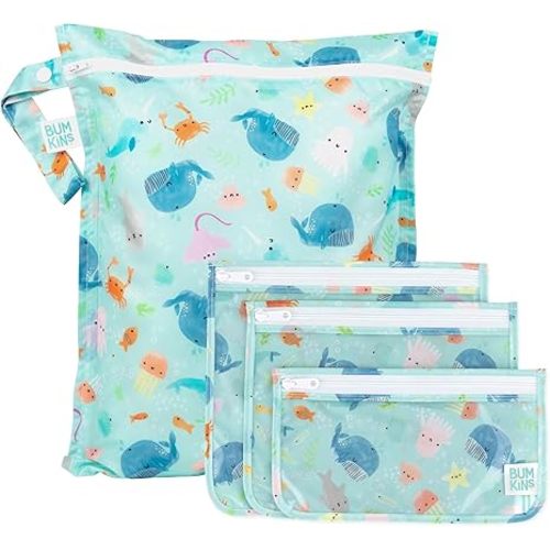 Bumkins - Waterproof Wet Bag & Clear Travel Bags - For Beach, Baby, Travel, Swim Suit, Cloth Diapers, Pump Parts, Pool, Gym, Toiletries - Reusable & Easy to Clean - Ocean Life Blue - 4 Pack