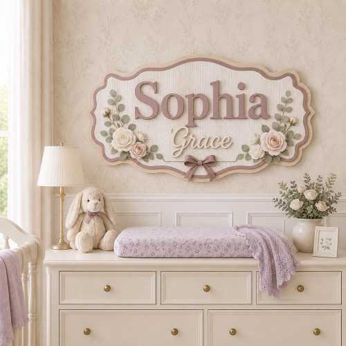 Personalized Baby Name Sign, Custom Nursery Wall Decor, Floral Wooden Name Plaque, Baby Girl Room Decor, Newborn Gift, Baby Shower Gift