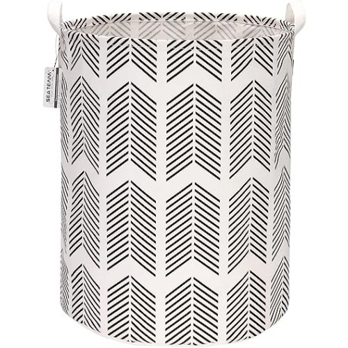 Sea Team 19.7 Inches Large Sized Waterproof Coating Ramie Cotton Fabric Folding Laundry Hamper Bucket Cylindric Burlap Canvas Storage Basket with Stylish Fishbone Black Design
