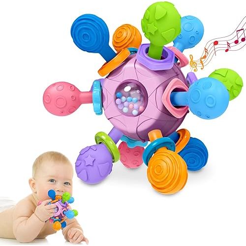 Baby Teething Toys Teethers for Babies Infant Baby Girl Toys Gifts, Newborn Rattles Chew Toys Sensory Learning Montessori Toys for Babies - Purple