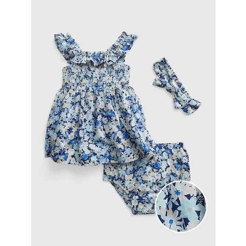 Baby Smocked Floral Dress Set in blue ditsy floral