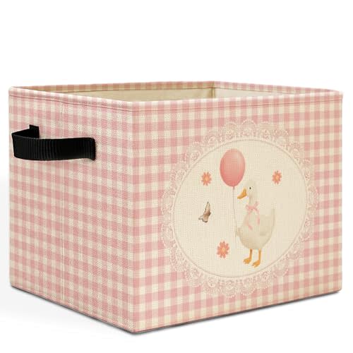 Pink Balloon Goose Gingham Plaid Storage Bins Box with Handles, Preppy Bow Goose Checkered Laundry Basket Hamper Collapsible Clothes Toys Organizer for Girls Nursery Room Bathroom