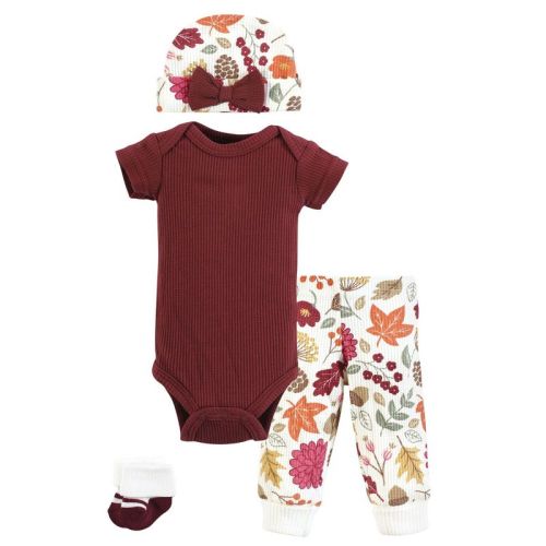 Hudson Baby Girls Thermal Preemie Layette Set 4pc Short Sleeve Outfit, Acorn Botanical, Preemie