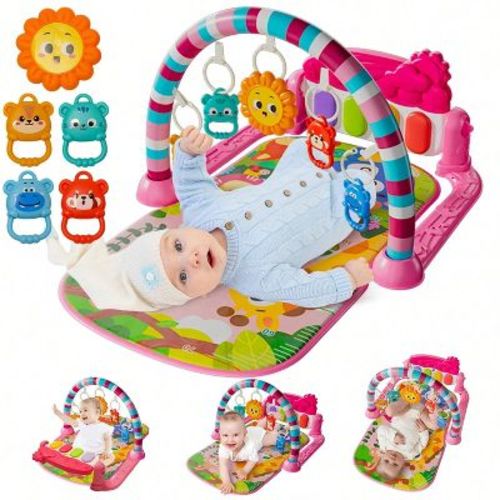 Baby Kick and Play Piano Mat with Mirror and Toys Soft Infant Activity Gym for Sensory Development-Pink