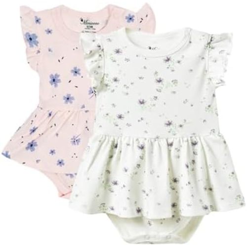 2 Pack Baby Girl Bodysuit Dress Short Ruffle Sleeve Newborn Skirted Romper Infant Summer Outfits for 0-24 Months